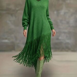 Green Fringe Knit Sweater Dress - Women